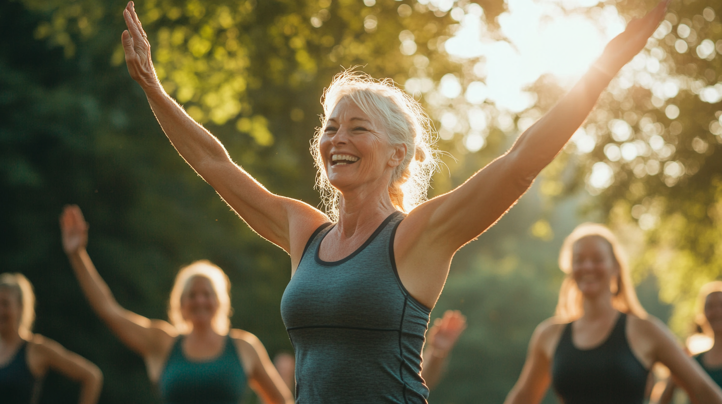 Усмихнат инструктор демонстрира упражнение на възрастен участник